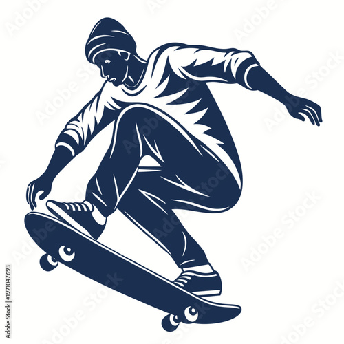 Skateboarder s feet in motion performing a trick with a dark blue aesthetic