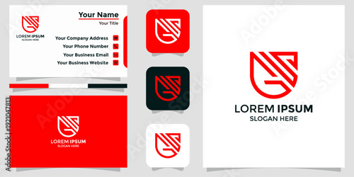 Modern shield logo with business card and mockup on white background - Premium vector