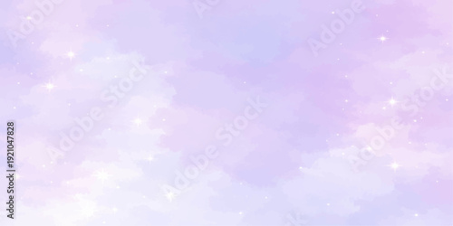 A beautiful abstract blue and purple background blends a bright summer sky with fluffy white clouds and a clear atmosphere of sparkling stars in a sunny heaven