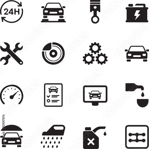 Silhouettes of auto mechanics working on cars and car parts with tools and a dollar gear