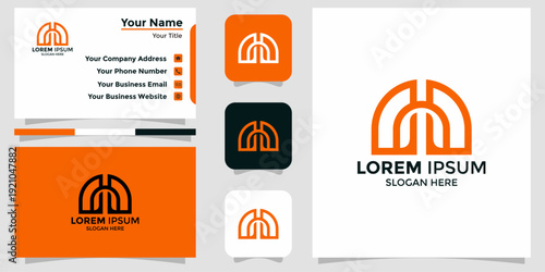 Modern geometric arch logo design concept for sophisticated branding, elegantly presented on professional business cards and versatile digital mockups, ideal for various corporate identities