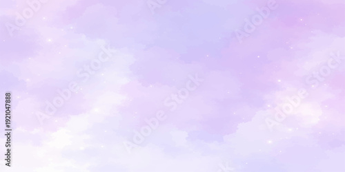 Beautiful abstract purple sky background featuring bright stars and fluffy white clouds in a colorful summer space atmosphere