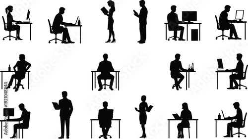 Office people silhouettes set showing working professionals, computer desks, reading documents, business tasks, corporate activities