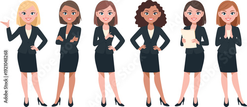 Business women characters set showing professional female poses, corporate outfits, office expressions, modern working ladies illustration