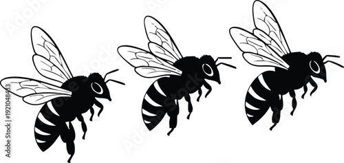 Three Honey Bees Flying Silhouette Vector - Pollinator Bee Trio Woodcut Art