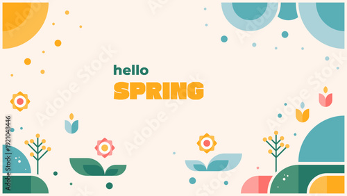 Flat geometric spring background with colorful flowers, sun, and abstract nature elements