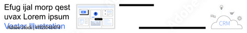 Customer relationship management, cloud storage, data integration, digital solutions, business tools, workflow automation. Dashboard and CRM cloud icons connected with lines. CRM and cloud storage