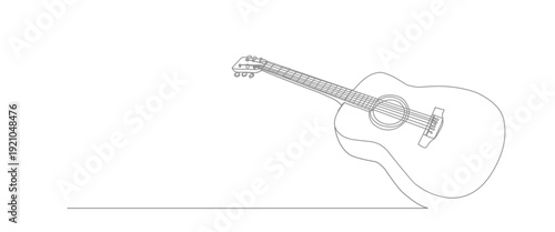 One line drawing of classic guitar with music notes tone design. Classical jazz music instrument. Vector illustration simple continuous outline style