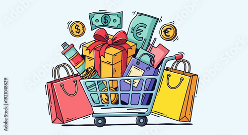 Shopping Cart Filled with Colorful Bags and Gifts, Surrounded by Floating Currency Symbols from Various Angles