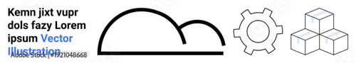 Cloud outline, gear, and cubes suggest tech, engineering, cloud solutions, innovation, and minimalism. Ideal for technology, storage development management networks innovation simple landing