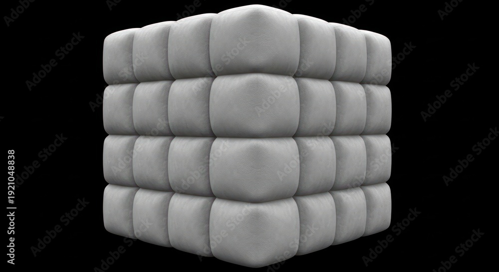Fototapeta premium Symmetrical puffy cube with soft, smooth, and round gray cushion patterns on black background