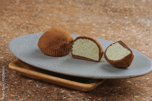 Принти на полотні Dubai style chewy cookie dessert served on plate with soft texture and rich filling, modern bakery presentation