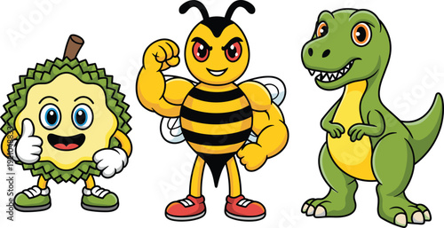 Cartoon mascot characters set, durian fruit, strong bee, dinosaur, cute smiling illustration, playful cartoon style, colorful vector design