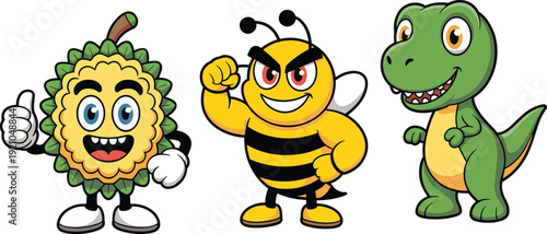 Cute cartoon mascot characters, durian fruit, strong bee, dinosaur, smiling fun illustration, playful style, colorful vector design for kids