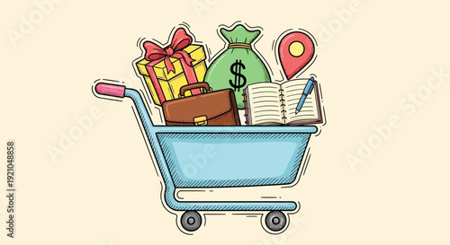 Shopping Cart Filled with Gifts and Money on Wheels