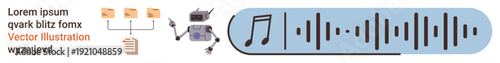 Audio technology, sound engineering, data transfer, digital sound, media tools, recording. Connected devices and file transfer icons with sound wave visualization. Audio technology and sound