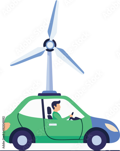 Flat vector icon of a man with a wind turbine powered electric car, clean energy concept.