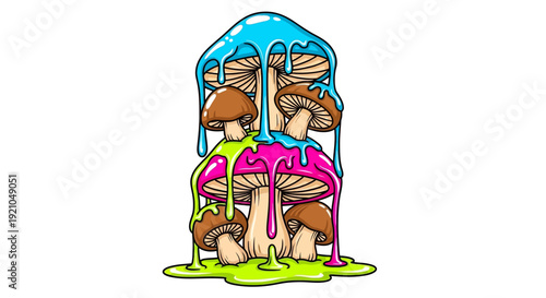Vibrant Mushrooms with Dripping Pink and Green Liquid Illustration