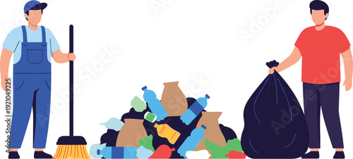 Vector illustration of professional waste management workers cleaning up a pile of trash with broom and large garbage bag isolated on white background.