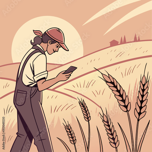 Female farmer with cap using mobile phone in ripe wheat field at sunset, concept of smart farming and agricultural technology