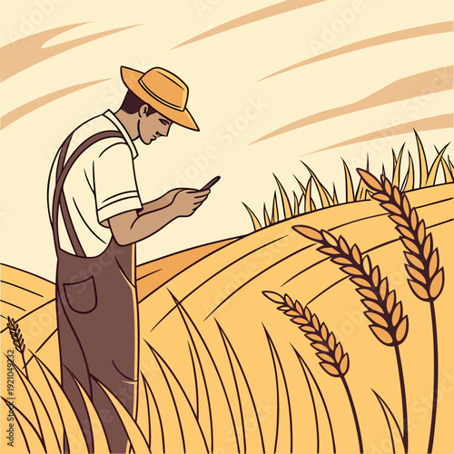 Farmer in straw hat checks smartphone in golden wheat field, modern agriculture technology concept, stylized illustration