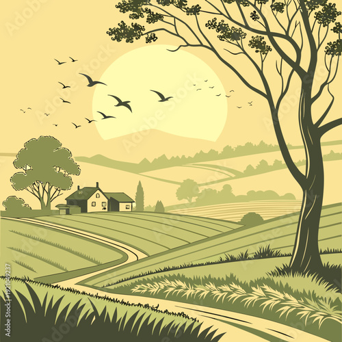 Idyllic rural landscape with rolling hills, farmhouse, trees, and a path leading towards the sun, stylized vintage illustration