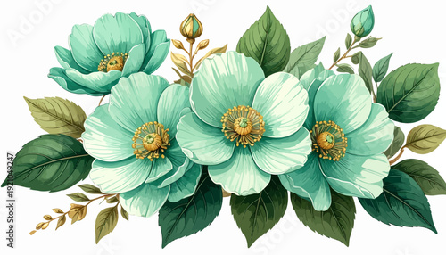 A beautiful floral arrangement featuring large blue-green flowers and lush green leaves from a close-up viewpoint.