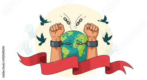 International Day of Remembrance of the Victims of Slavery and the Transatlantic Slave Trade freedom, liberation, and global peace with doves flying above and hands reaching out in support