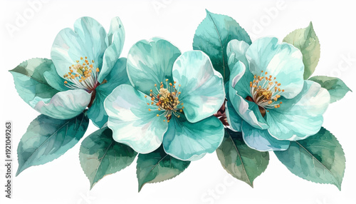 Three large blue flowers with green leaves viewed from above in a floral arrangement