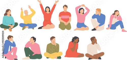 PrintDiverse flat vector characters sitting in various poses, expressing different emotions, feelings, mental health states, and human reactions, (18 words)