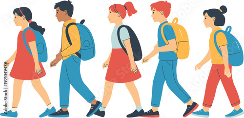 PrintDiverse group of happy school children walking together with backpacks, elementary students going to class, and education concept, (18 words)