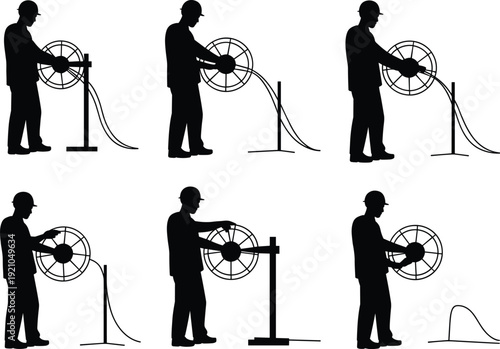 Industrial worker cable reel silhouette set, technician handling wire spool installation maintenance process illustration collection