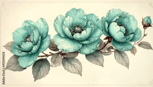 Three blue-green roses with leaves illustrated in a botanical art style from a close-up front view