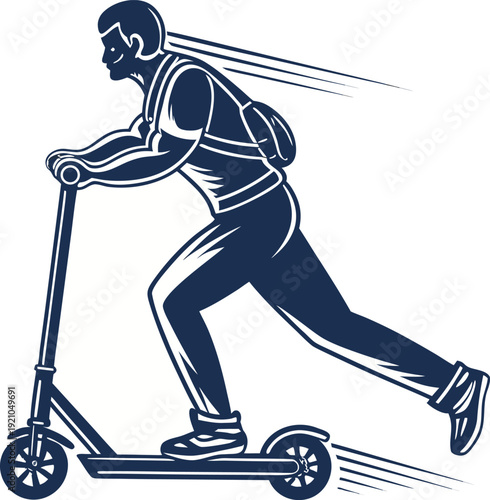 A stylized illustration of a person riding a kick scooter