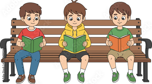 Vector illustration of three young school boys sitting together on a wooden park bench while focused on reading their colorful hardcover story books