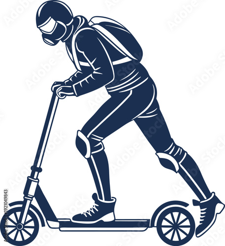 A blue and white illustration depicting a person riding a scooter