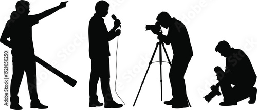PrintSilhouette media production team, video recording, broadcasting activity, camera operator illustration, microphone interview concept, collaborative filmmaking representation
