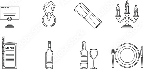 Collection of elegant dining icons including menus wine bottles place settings and candelabra perfect for restaurant branding and event design