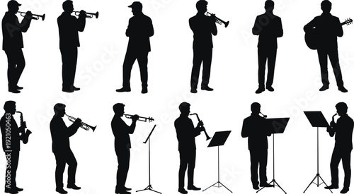 Silhouette musicians performing with instruments, trumpet saxophone guitar, band ensemble illustration, concert activity, artistic entertainment diversity concept