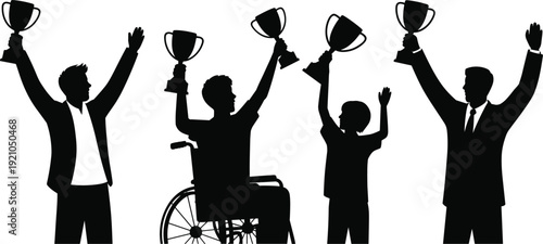 PrintSilhouette people celebrating success, raising trophies, inclusivity 