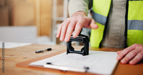 Tableau sur toile Person, hands or stamp with document in logistics for inventory checklist, validation or delivery