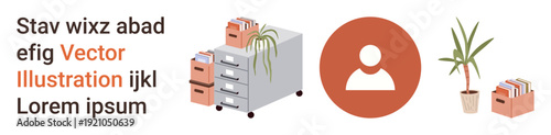 Office management, productivity, modern workspace, organization, file storage, vector graphics. Image of a filing cabinet, potted plant and user icon. Office management and productivity