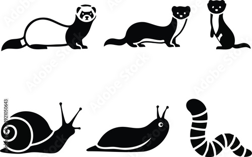 Ferret and Garden Creature Silhouettes - Weasel Snail Slug and Worm Woodcut Vector Art