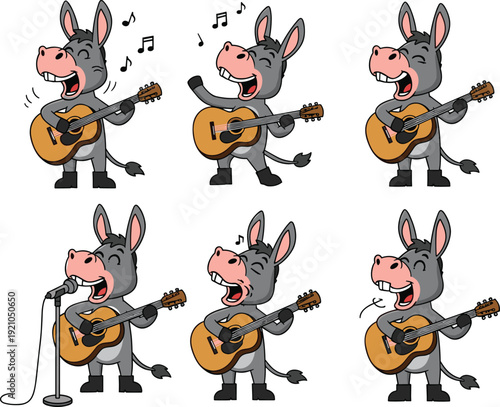 Vector set of a cute cartoon donkey character playing acoustic guitar and singing into a microphone with musical notes in various happy poses