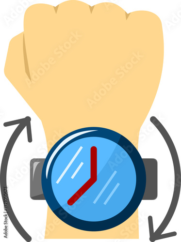 Hand with a wristwatch and arrows indicating time passing or rotation.
