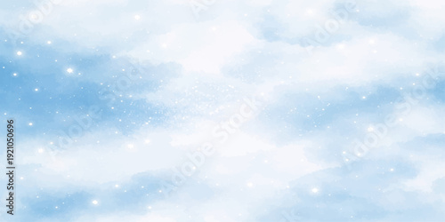 A beautiful abstract blue bokeh background features bright sunlight filtering through fluffy white clouds in a clear summer sky to create a serene and heavenly atmosphere