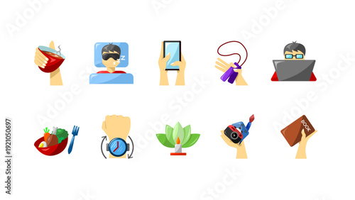 Daily routine and lifestyle activities represented by a set of colorful icons.