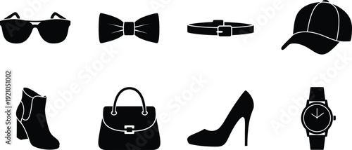 Collection of black fashion accessory icons including sunglasses bow tie belt cap boot handbag high heel and watch isolated on white