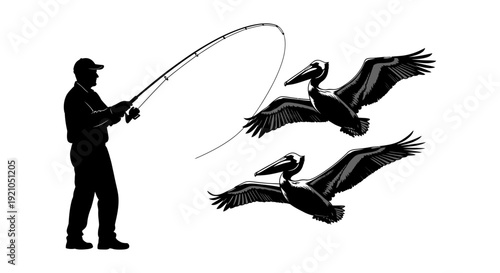 silhouette of a fisherman casting a line with two pelicans flying capturing the essence of coastal fishing and marine wildlife.