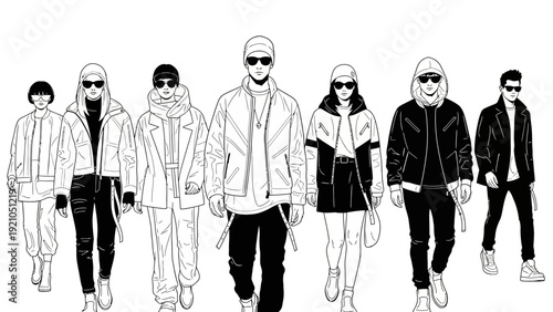 seven stylish fashion models in urban streetwear walking confidently against a clean white background highlighting modern style and fashion trends.